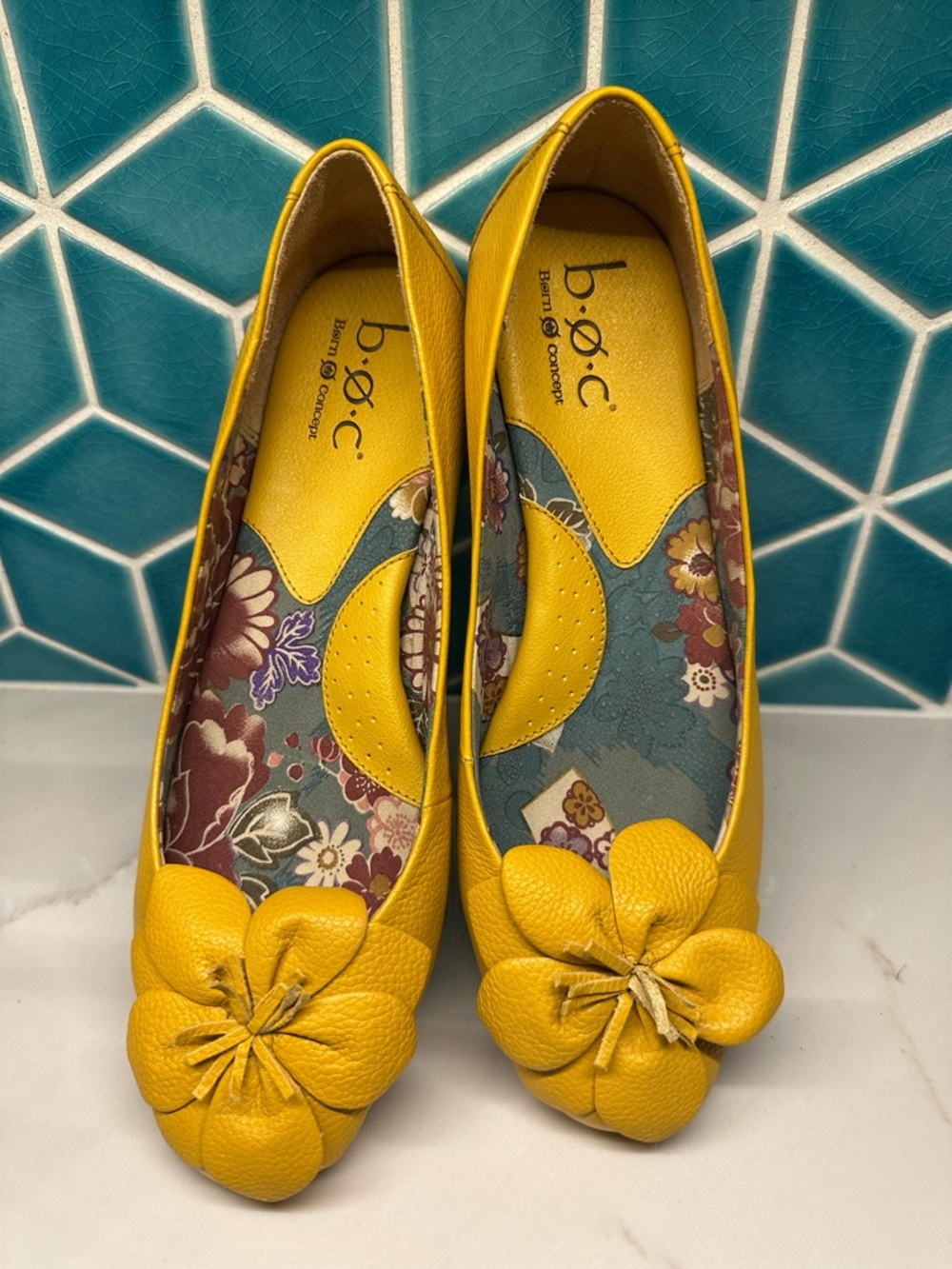 b.o.c. Yellow Floral-Trim Leather Flower-Toe Ballet Flats